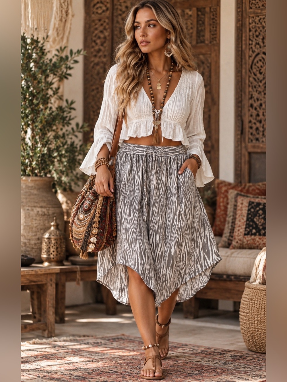 Kavu Gray & White Asymmetrical Boho Ikat Skirt